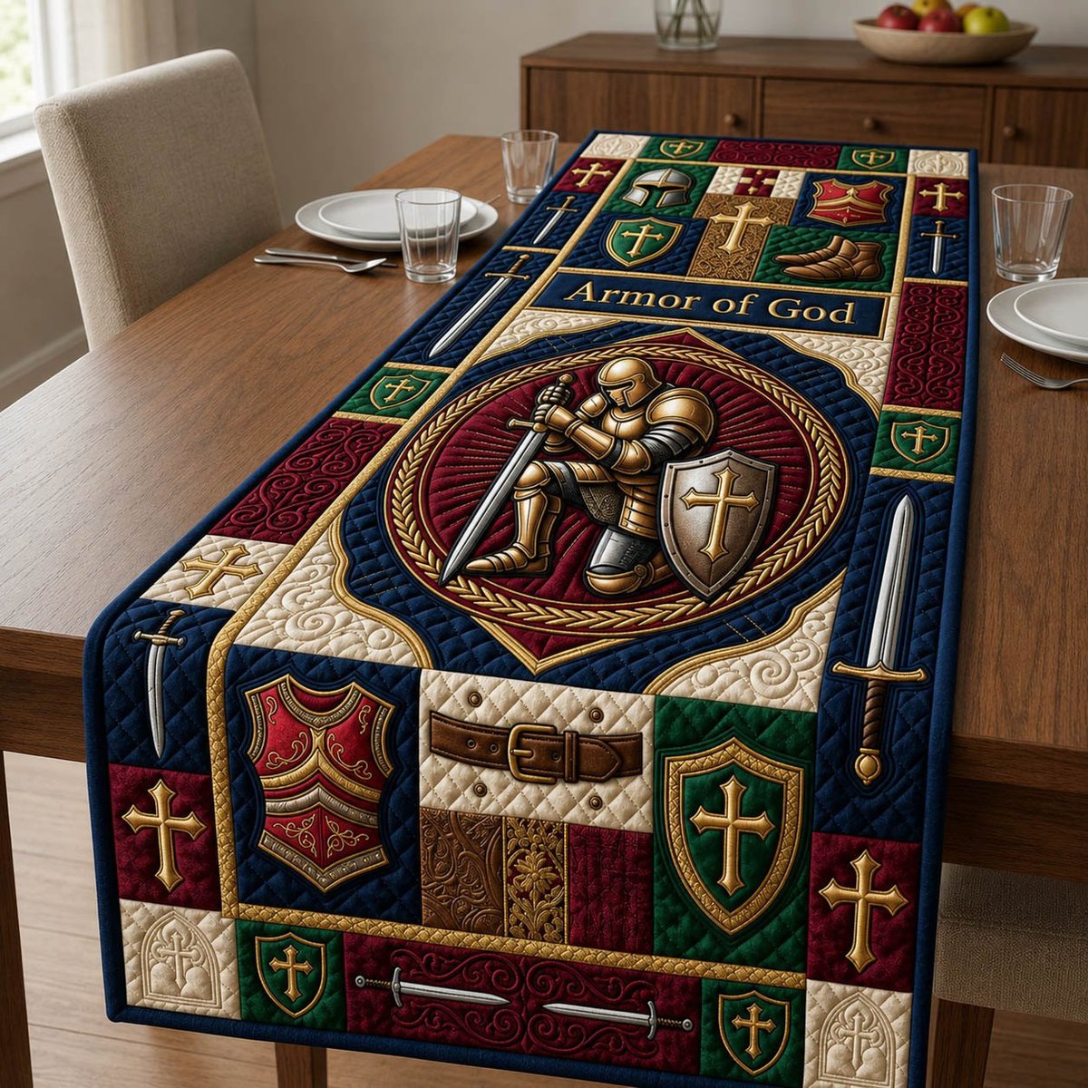 Armor of God Knight in Red Medallion Table Runner - Made to Order TABLE928