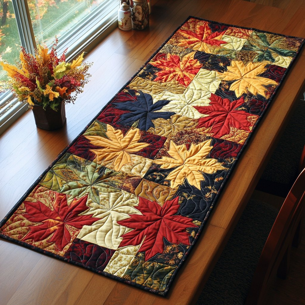 Autumn Glow Maple Leaf Blocks on Cream Table Runner - Made to Order TABLE928