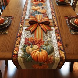 Autumn Bow Above Three Pumpkins Table Runner - Made to Order TABLE928
