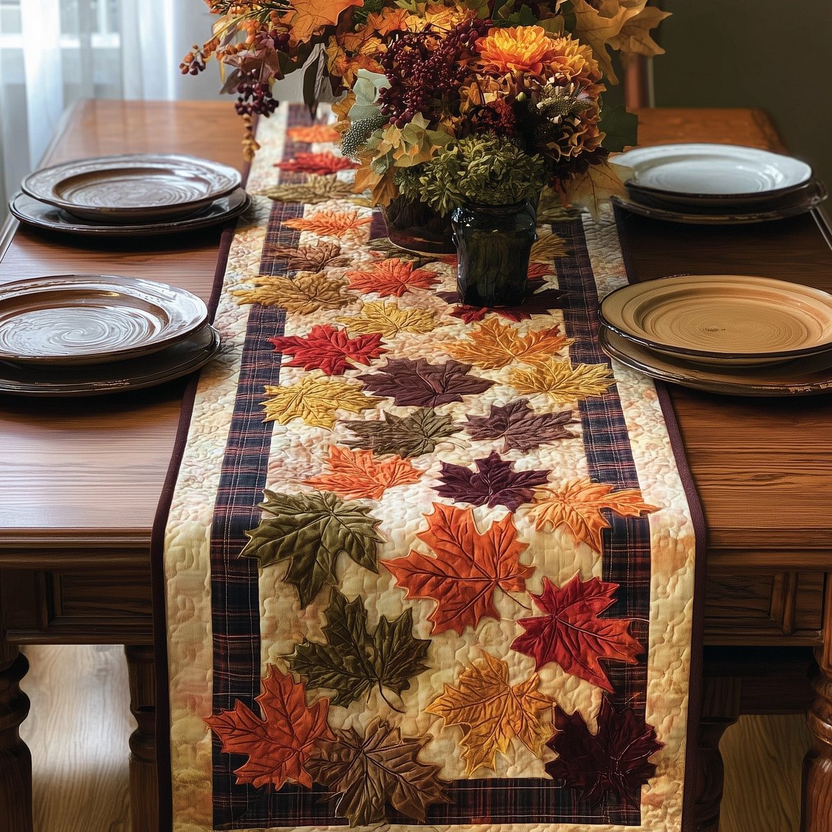 Autumn Leaves with Plaid Border Table Runner - Made to Order TABLE928