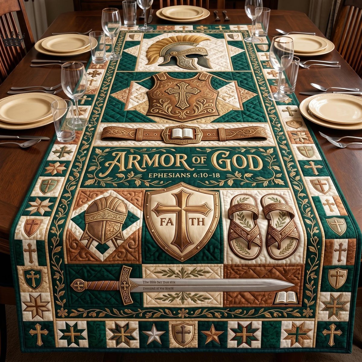 Armor of God Faith Shield Green Table Runner - Made to Order TABLE928