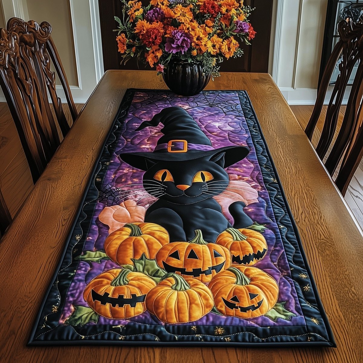 Black Cat in a Witch Hat Table Runner - Made to Order TABLE928