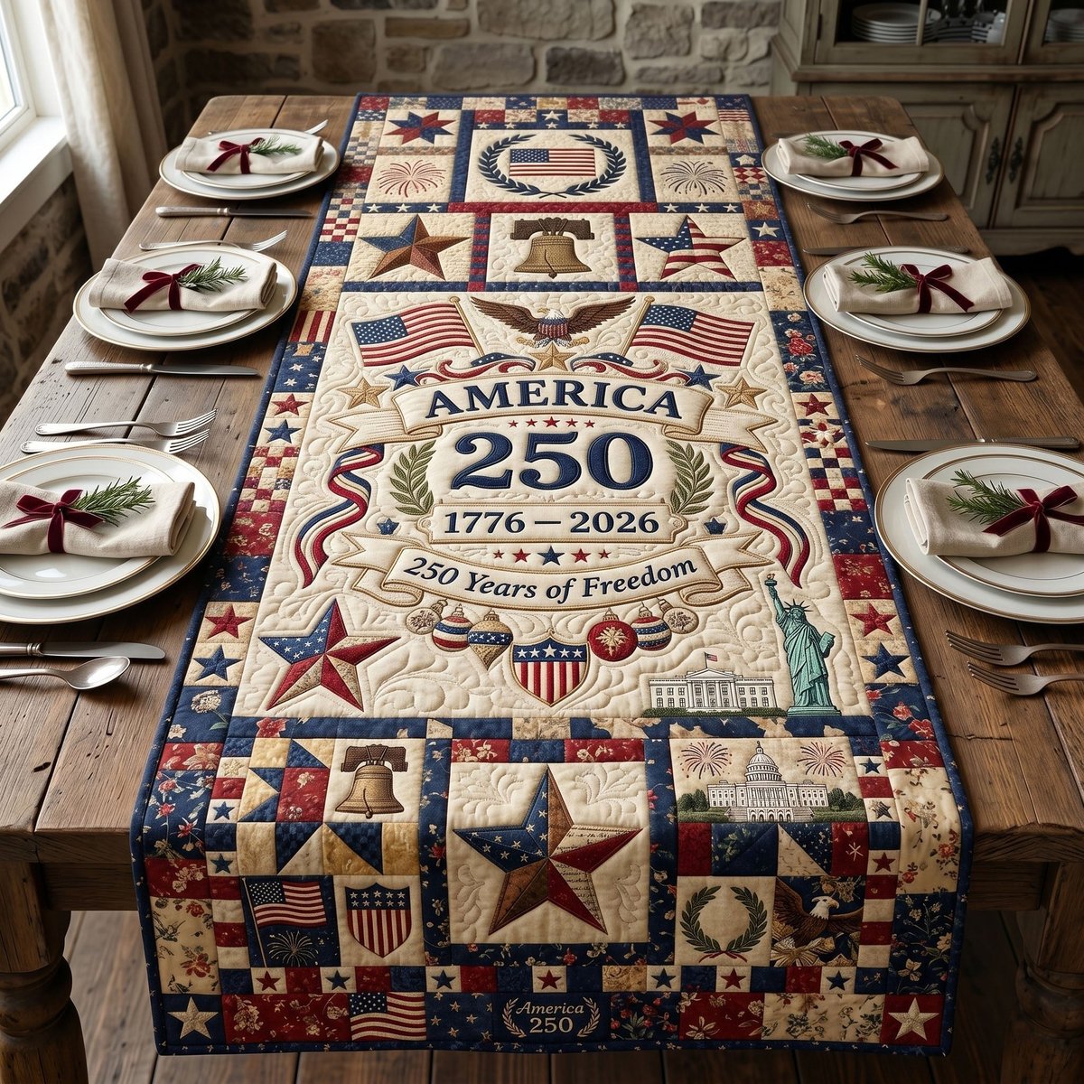 America 250 with Star Blocks Table Runner - Made to Order TABLE928