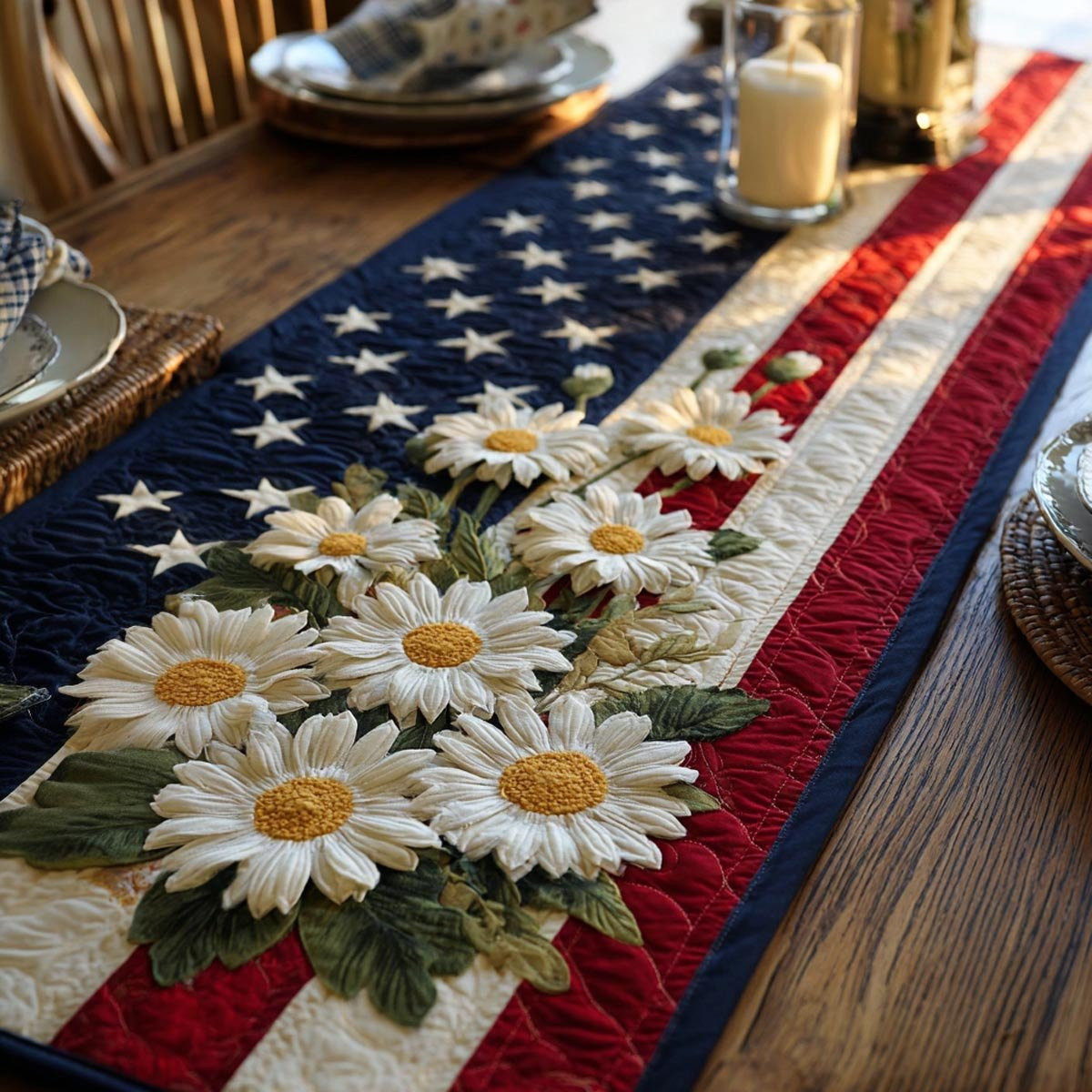 American Pride White Daisies on Stars and Stripes Table Runner - Made to Order TABLE928