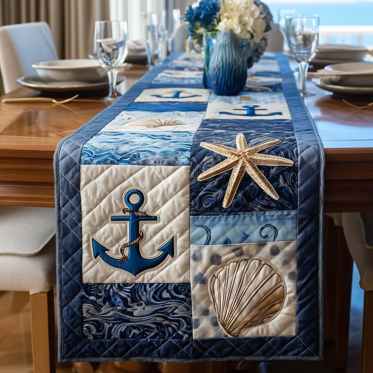 Anchors and Starfish in Blue Blocks Table Runner - Made to Order TABLE928