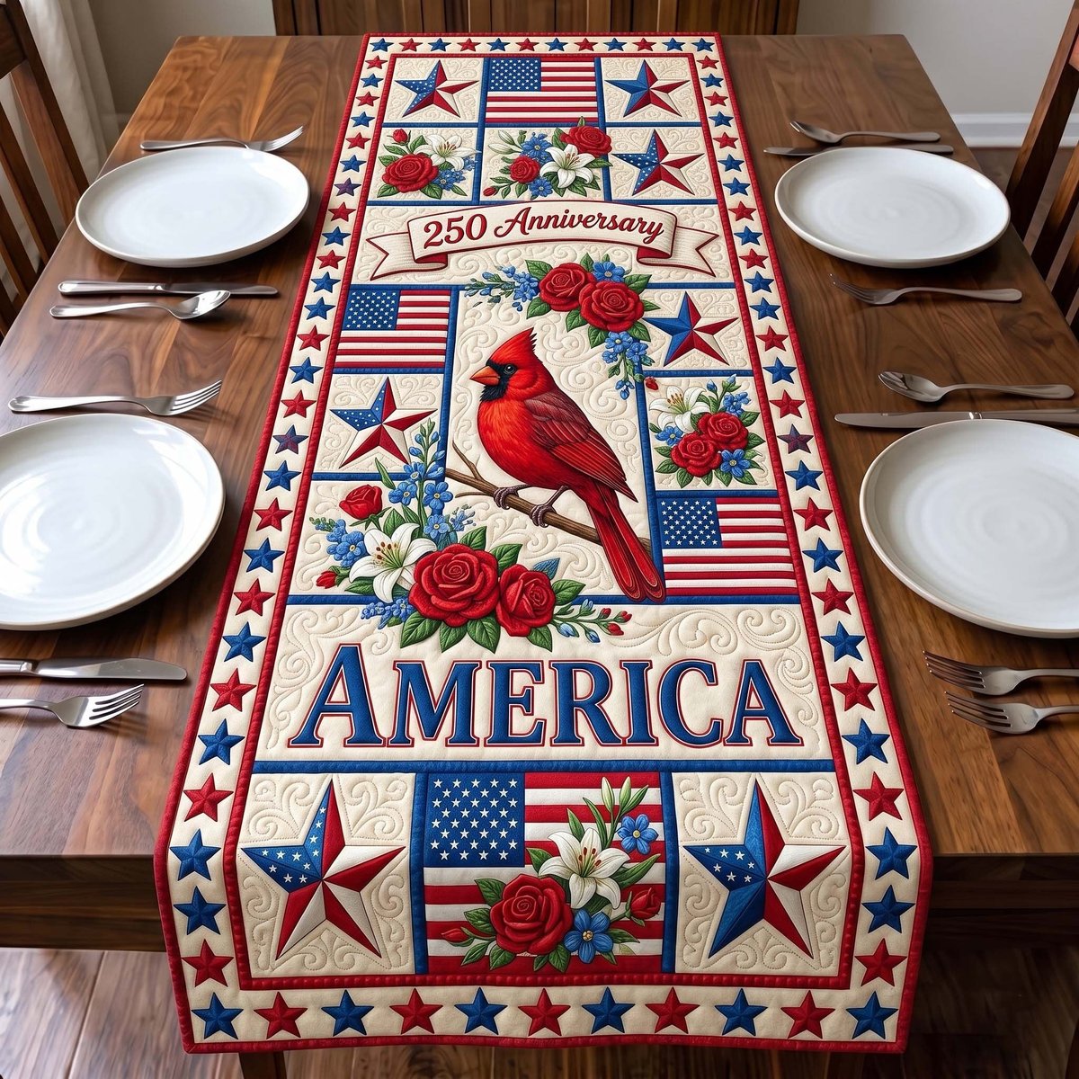 America Cardinal with Red Roses Table Runner - Made to Order TABLE928