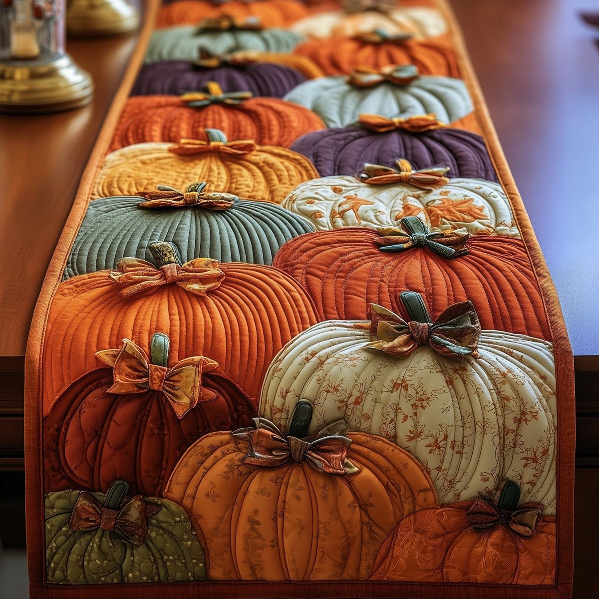 Amber Pumpkins with Tied Bows Table Runner - Made to Order TABLE928