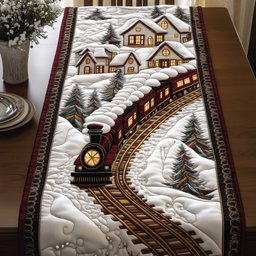 Train Curving Below a Snowy Village Table Runner - Made to Order TABLE928