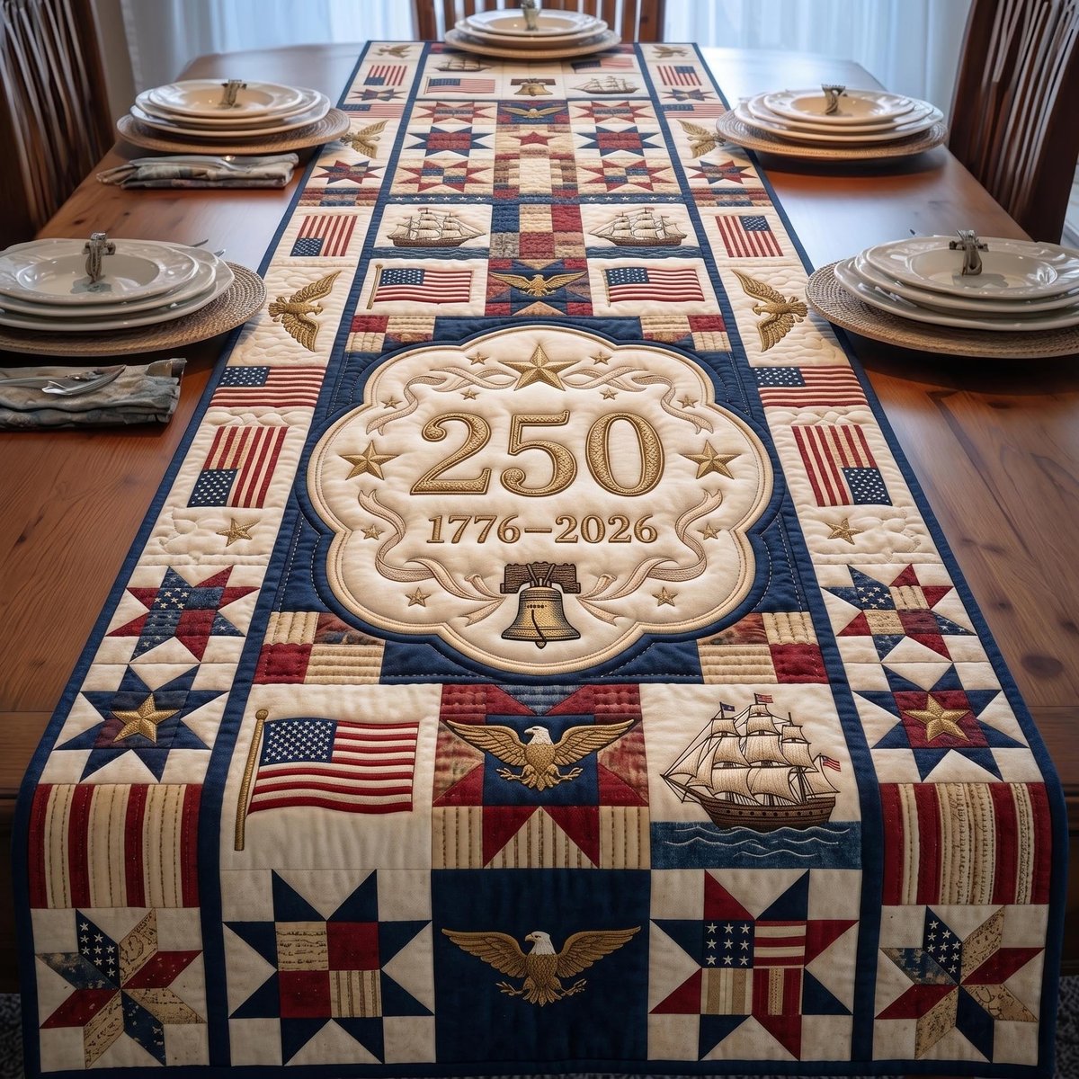 250 Medallion with Flags and Eagles Table Runner - Made to Order TABLE928