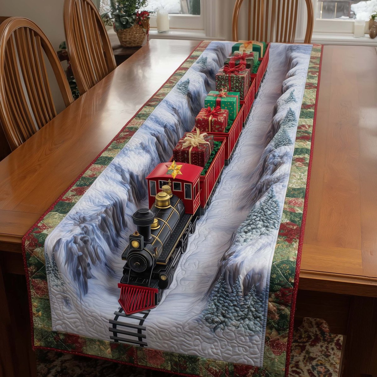 Train Crossing a Snowy Bridge Table Runner - Made to Order TABLE928