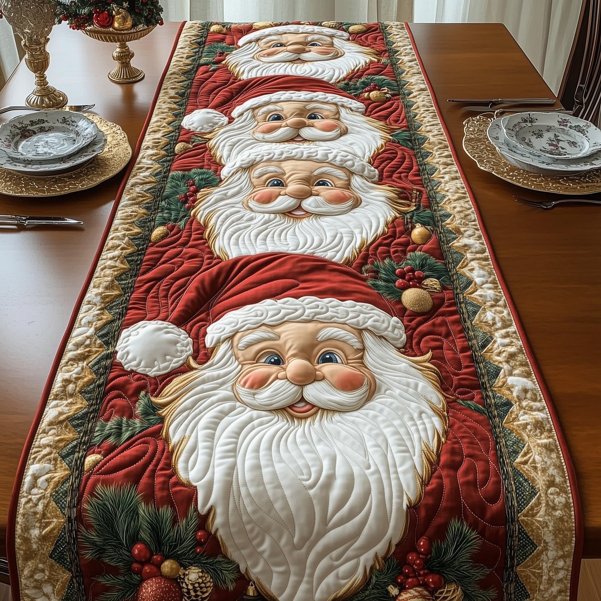 Two Santa Faces on Red Table Runner - Made to Order TABLE928