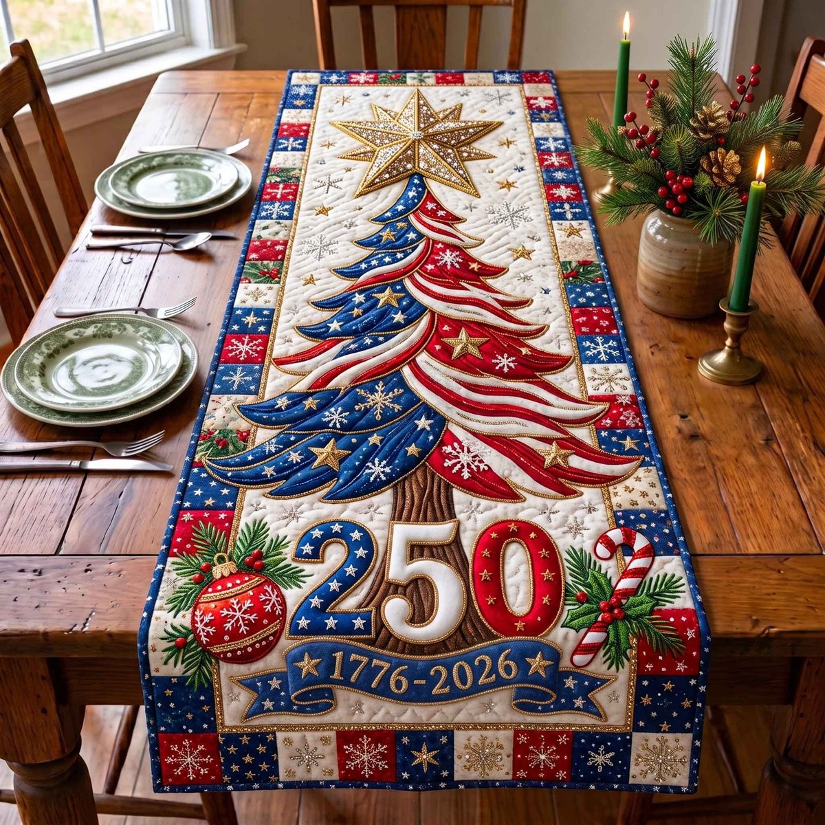 250 Years with Red White Trees Table Runner - Made to Order TABLE928