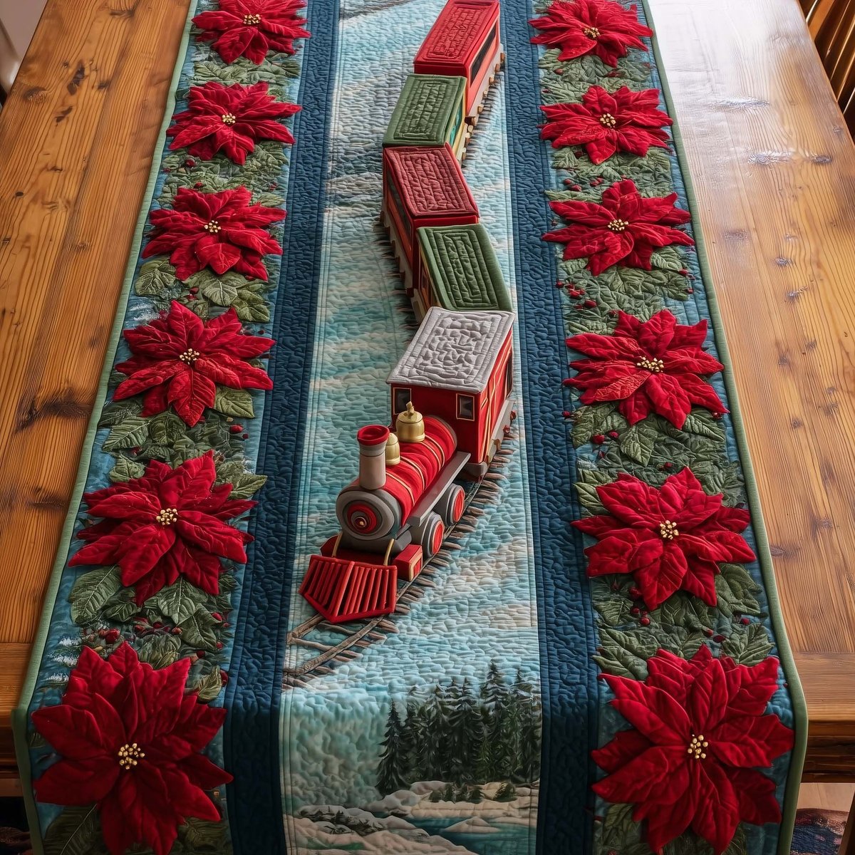 Train with Red Poinsettias Table Runner - Made to Order TABLE928