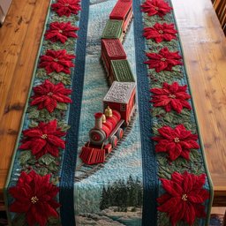 Train with Red Poinsettias Table Runner - Made to Order TABLE928