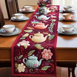 Teapots on Deep Red Blossoms Table Runner - Made to Order TABLE928