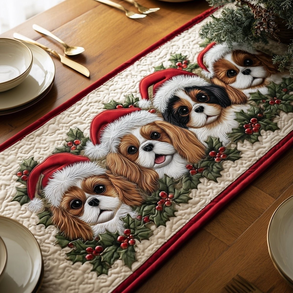 Spaniel Puppies in Santa Hats Table Runner - Made to Order TABLE928