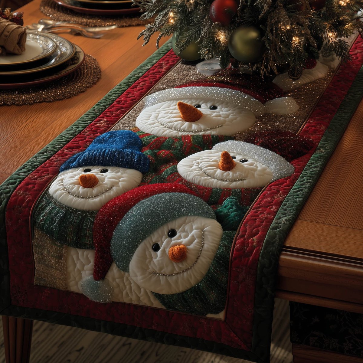 Two Snowmen in Blue Scarves Table Runner - Made to Order TABLE928