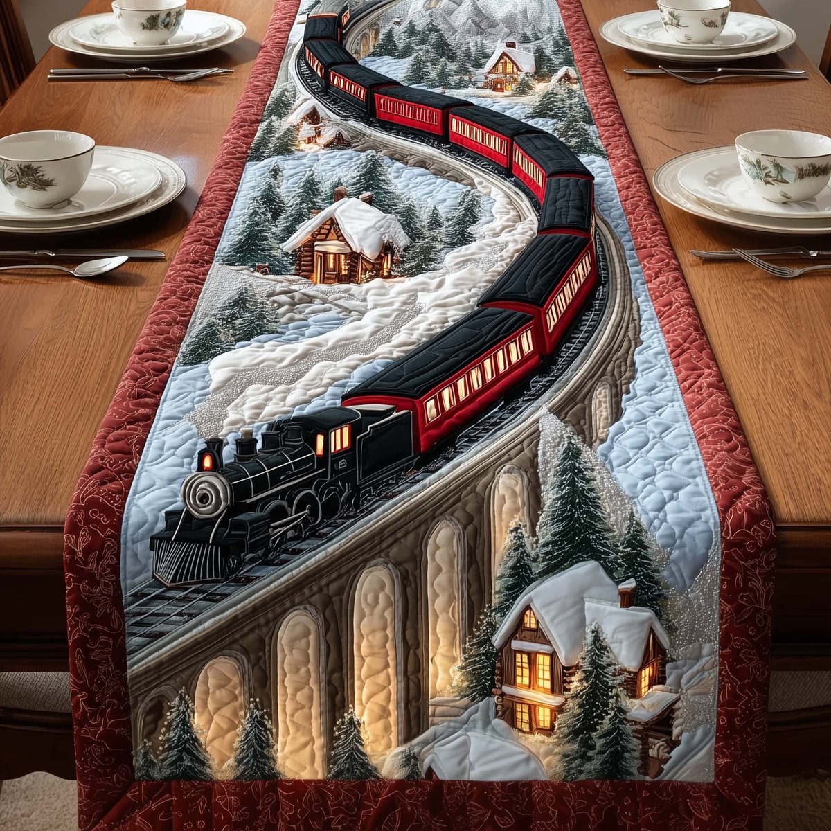 Steam Train Crossing Snowy Viaduct Table Runner - Made to Order TABLE928