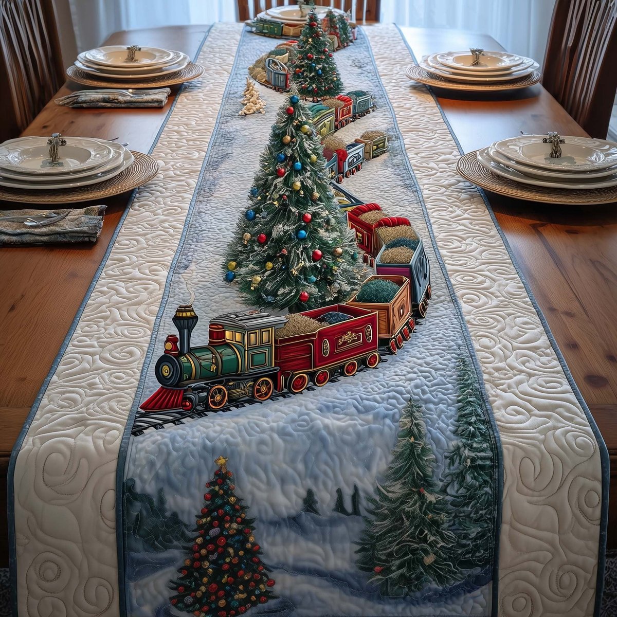 Toy Train Circling Christmas Tree Table Runner - Made to Order TABLE928