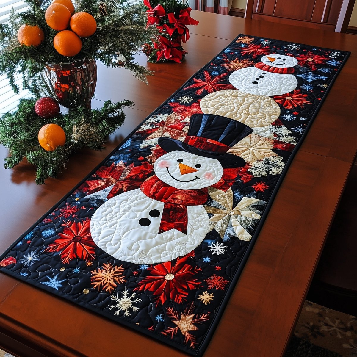 Top Hat Snowman on Red Poinsettias Table Runner - Made to Order TABLE928