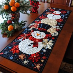 Top Hat Snowman on Red Poinsettias Table Runner - Made to Order TABLE928