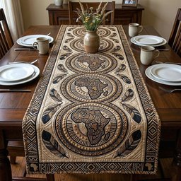 Africa and Buffalo on Beige Mosaic Table Runner - Made to Order TABLE928