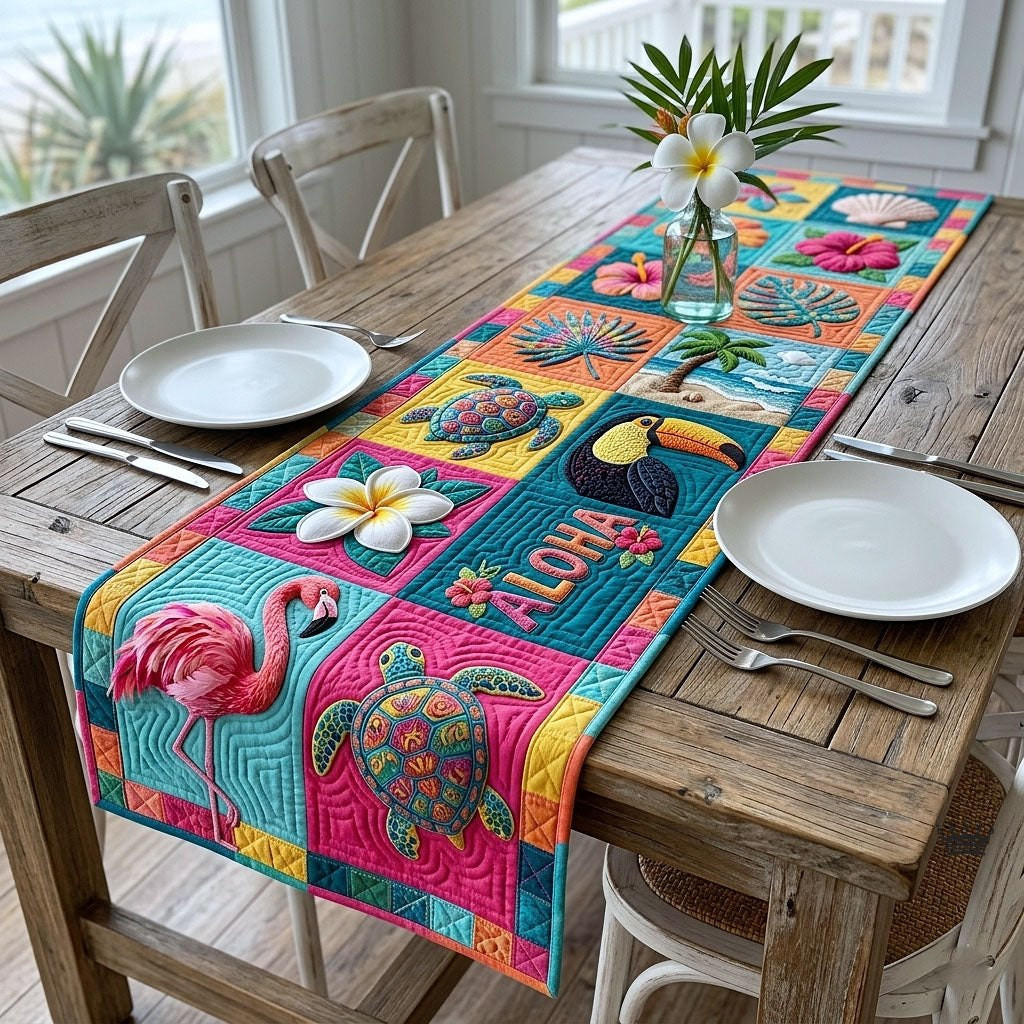 Aloha Squares with Flamingo and Turtle Table Runner - Made to Order TABLE928