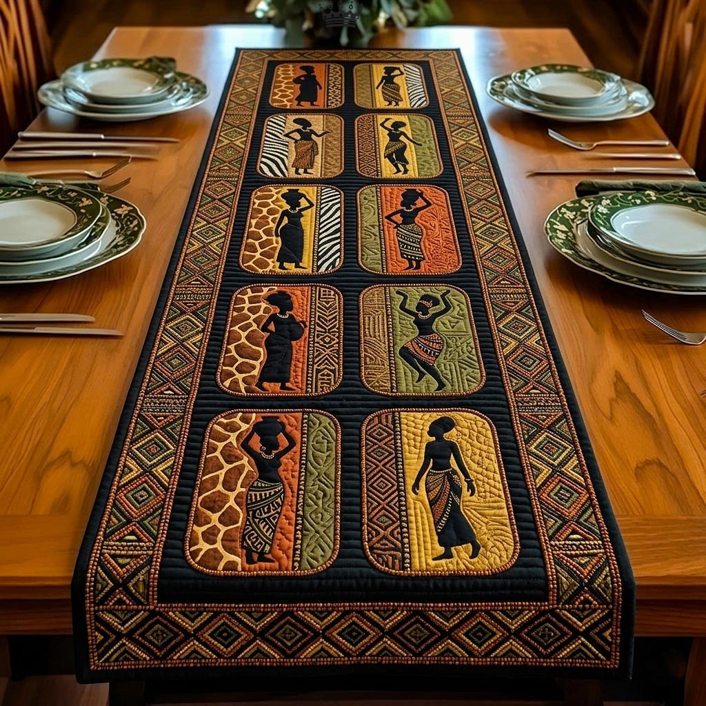 African Figures with Giraffe Print Blocks Table Runner - Made to Order TABLE928