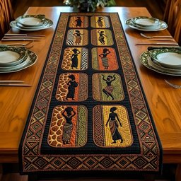 African Figures with Giraffe Print Blocks Table Runner - Made to Order TABLE928