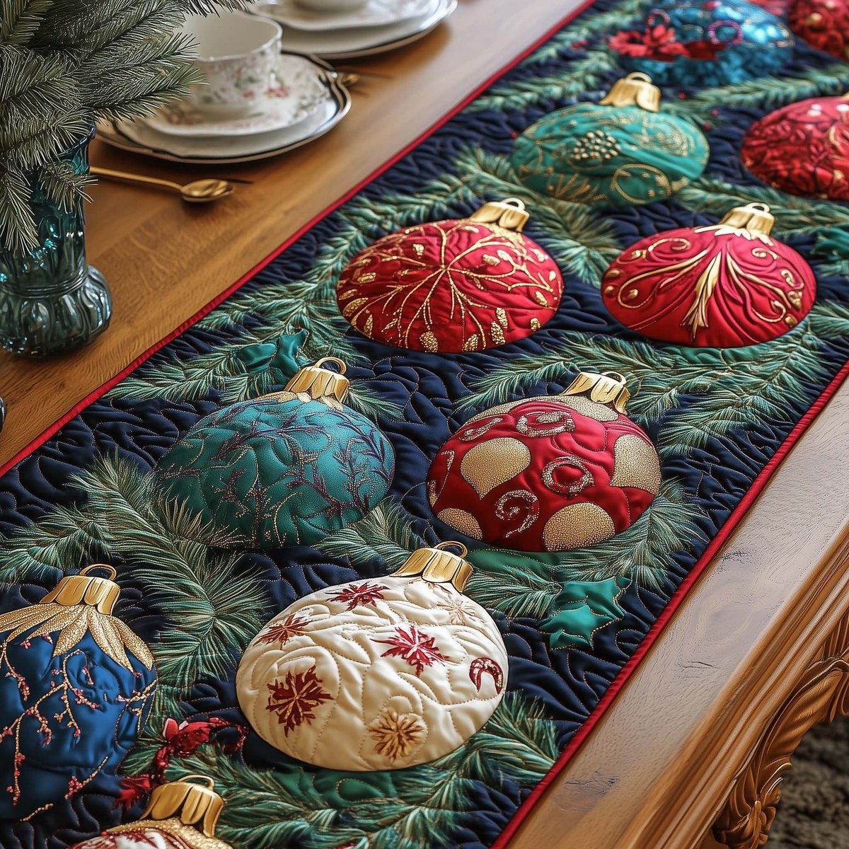 Teal and Red Ornaments on Pine Table Runner - Made to Order TABLE928