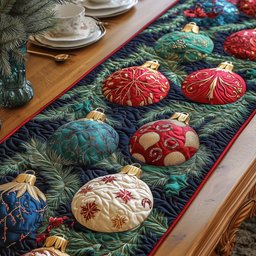 Teal and Red Ornaments on Pine Table Runner - Made to Order TABLE928
