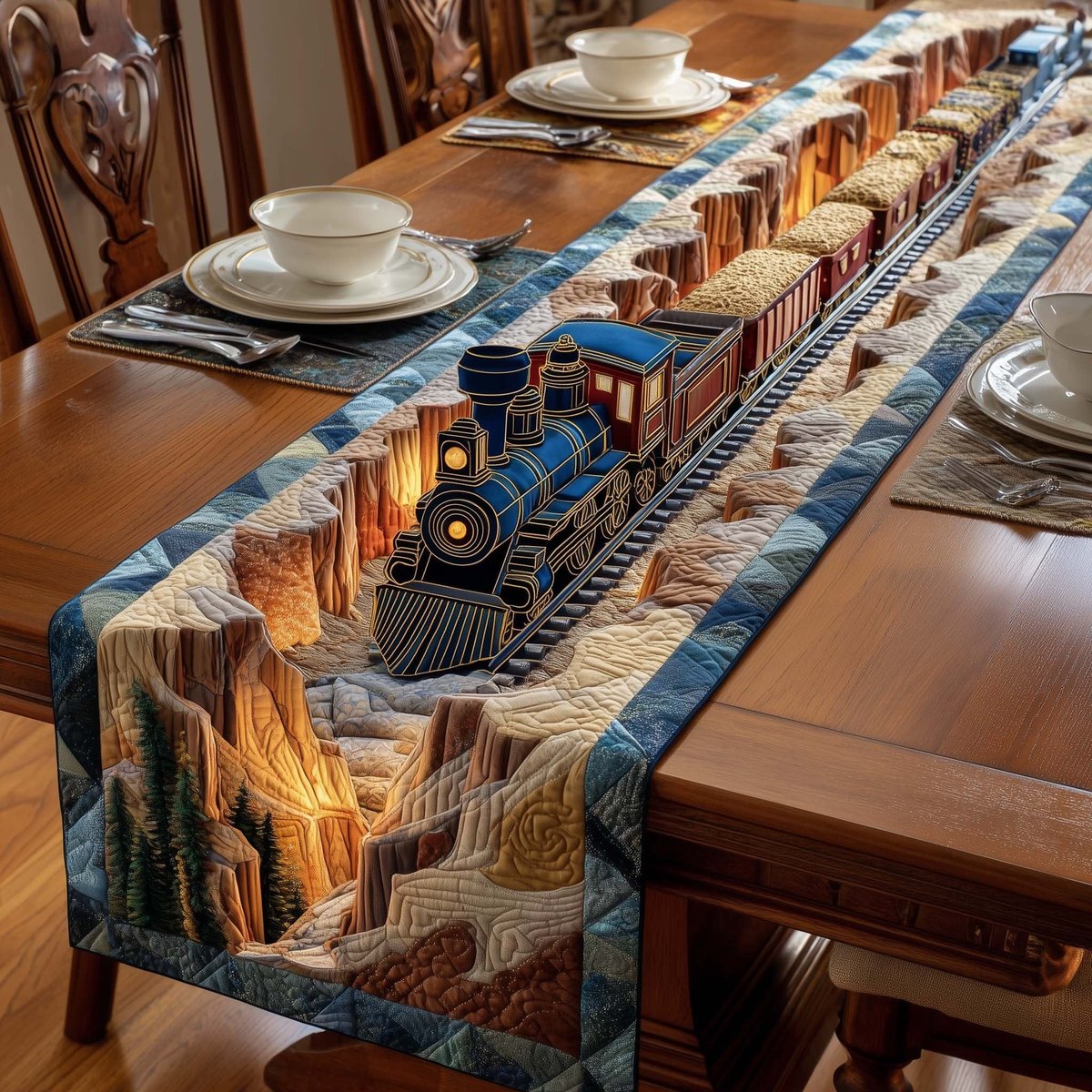 Train on Cliffside Mountain Ledge Table Runner - Made to Order TABLE928