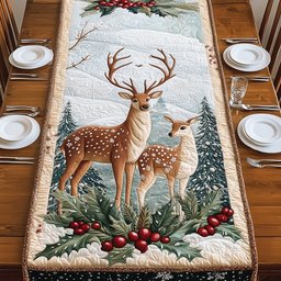 Two Deer in a Snowy Forest Table Runner - Made to Order TABLE928