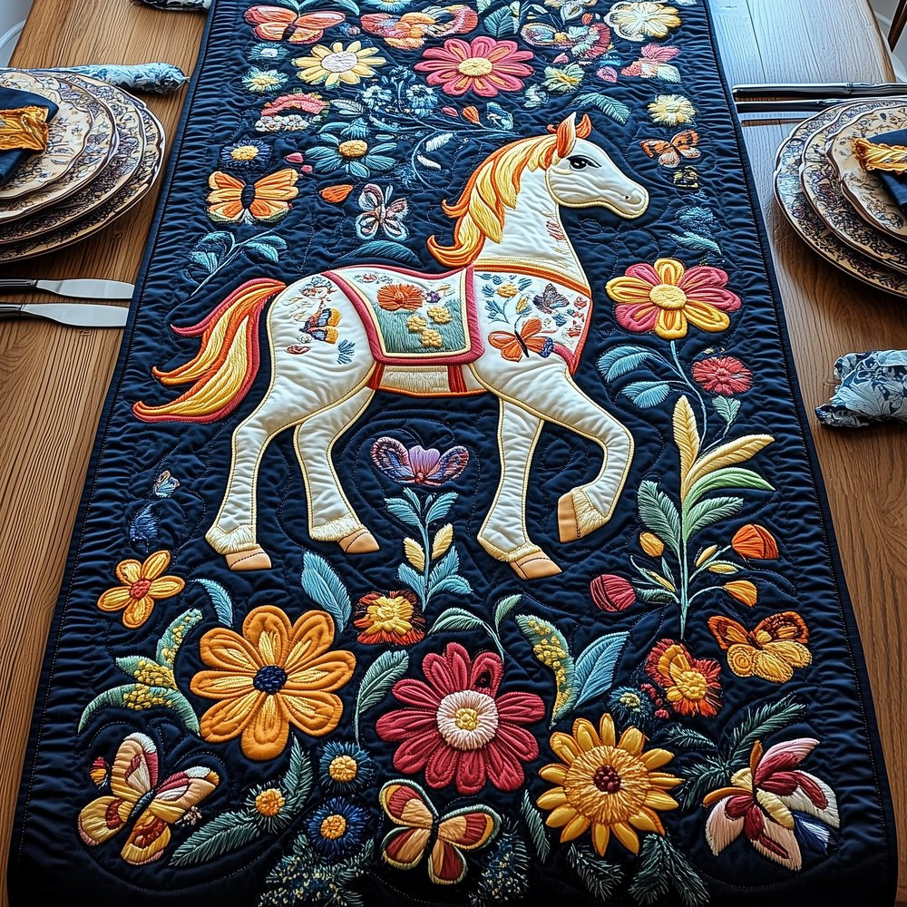 White Horse Among Navy Blooms Table Runner - Made to Order TABLE928