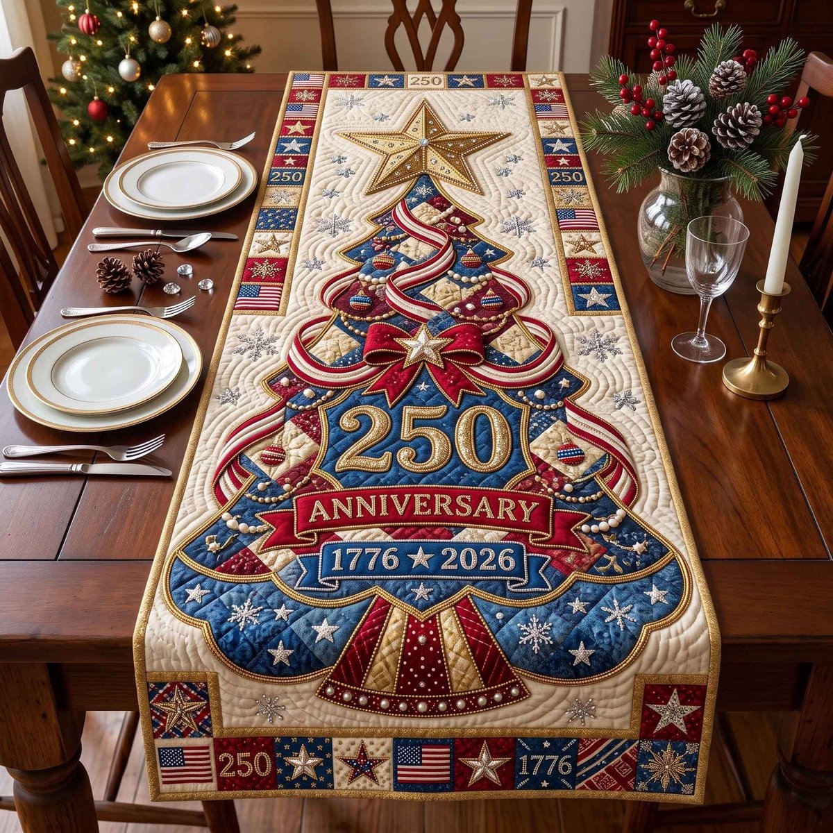 250 Anniversary Patriotic Christmas Tree Table Runner - Made to Order TABLE928