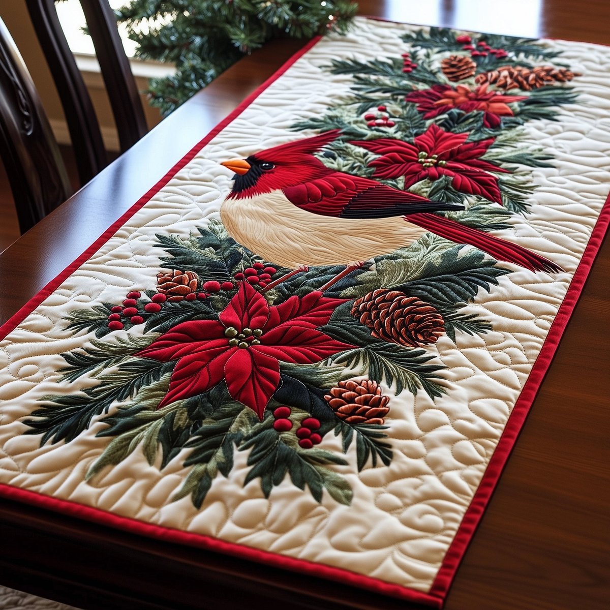 Two Cardinals with Winter Poinsettias Table Runner - Made to Order TABLE928