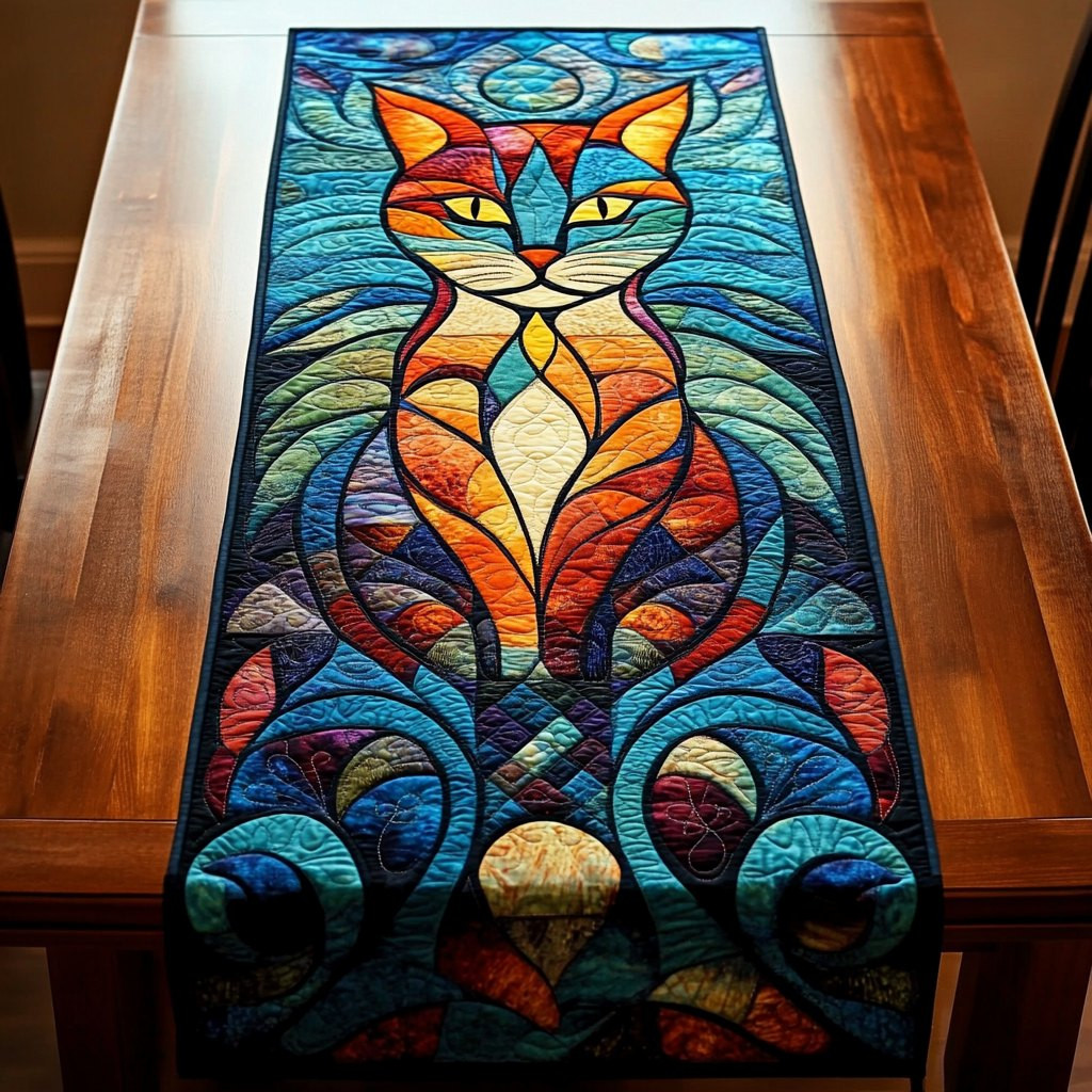Abstract Stained Glass Cat in Blue Table Runner - Made to Order TABLE928