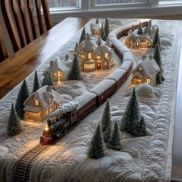 Train Passing a Lit Village Table Runner - Made to Order TABLE928