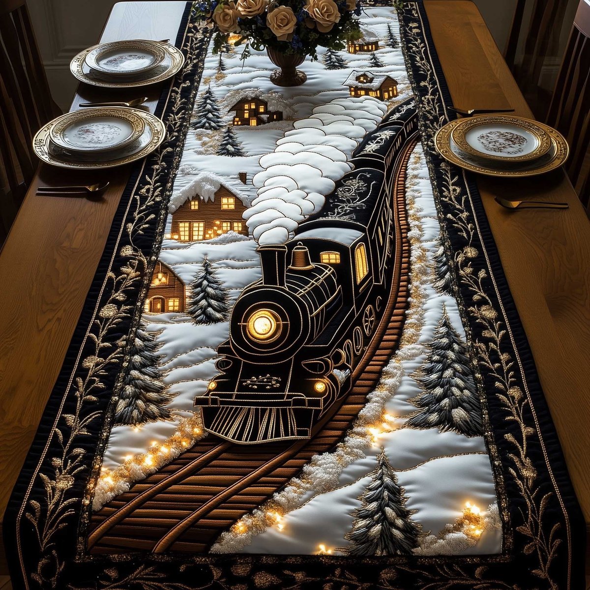 Train with Golden Lights on Snow Table Runner - Made to Order TABLE928