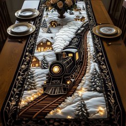 Train with Golden Lights on Snow Table Runner - Made to Order TABLE928