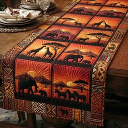 African Animal Scenes in Warm Blocks Table Runner - Made to Order TABLE928