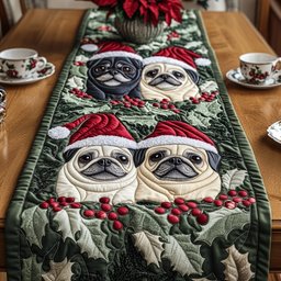 Two Pugs with Santa Hats Table Runner - Made to Order TABLE928