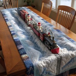 Train with Festive Blue Border Table Runner - Made to Order TABLE928