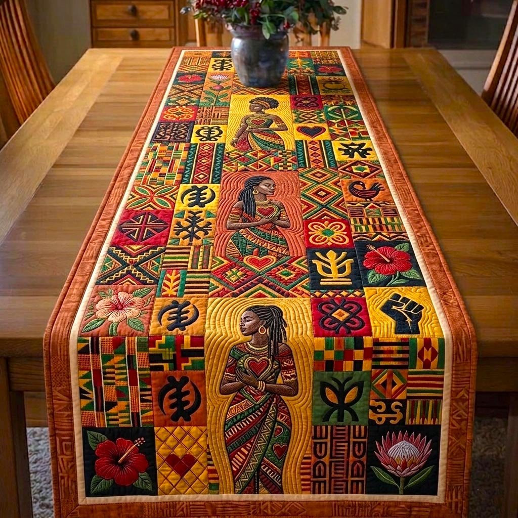 African Figures with Symbols on Orange Table Runner - Made to Order TABLE928
