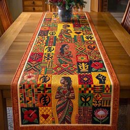 African Figures with Symbols on Orange Table Runner - Made to Order TABLE928