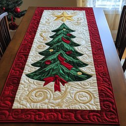 Tree with Red Ribbon on Cream Table Runner - Made to Order TABLE928