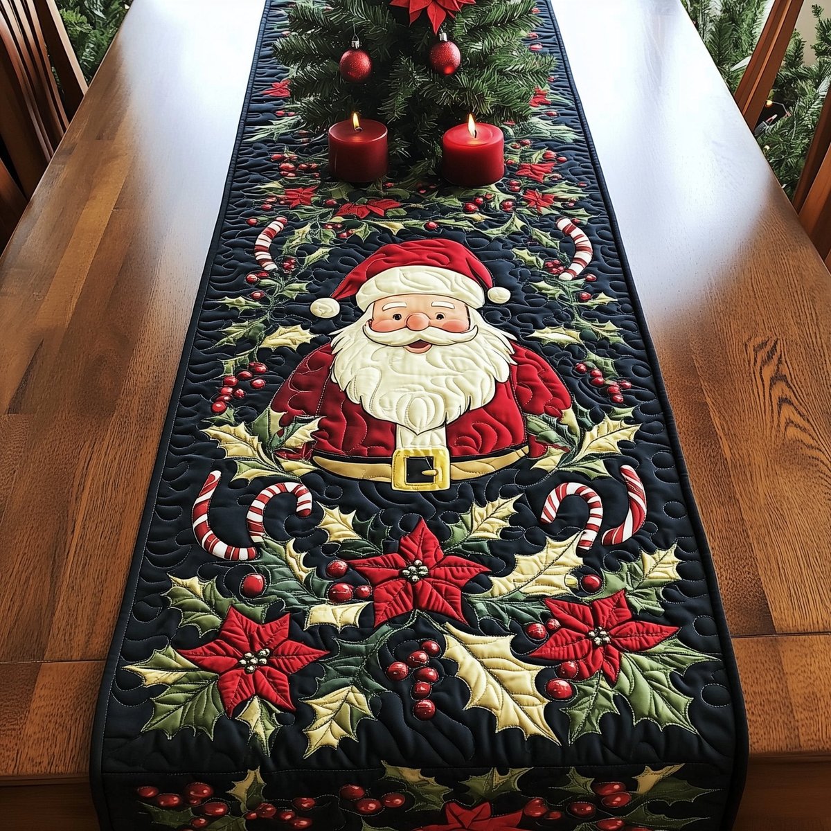 Waving Santa Among Red Blooms Table Runner - Made to Order TABLE928
