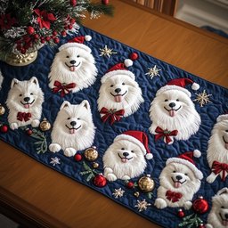 White Dogs in Santa Hats on Blue Table Runner - Made to Order TABLE928