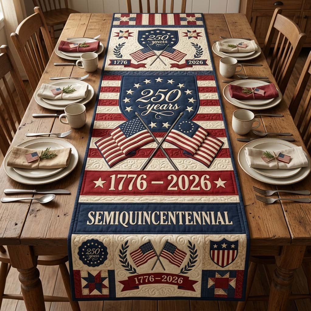 250 Years Semiquincentennial with Flags Table Runner - Made to Order TABLE928
