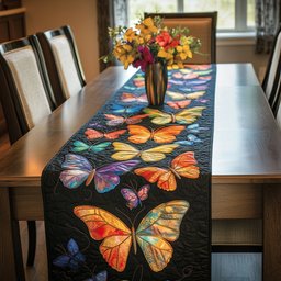 Amber and Teal Butterflies on Black Table Runner - Made to Order TABLE928